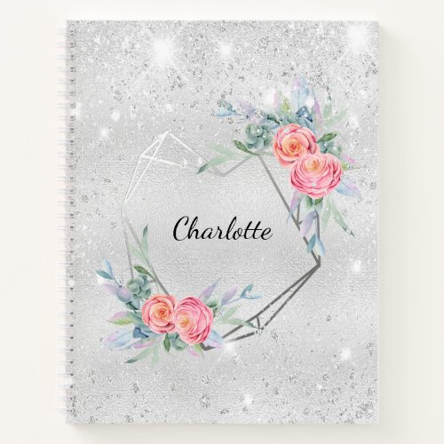 Sketchbook silver pink florals glitter name notebook