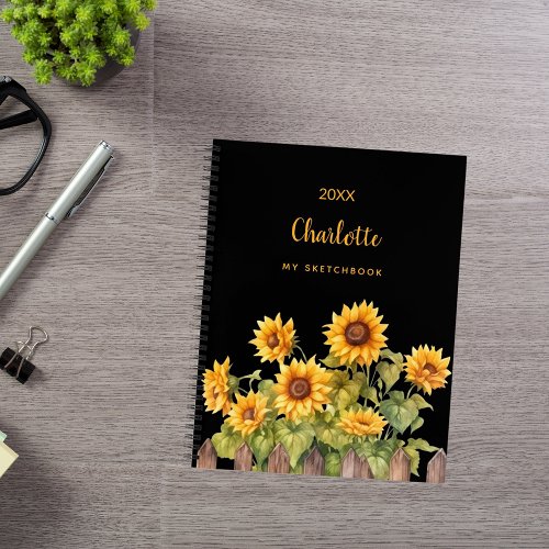 Sketchbook sunflowers black floral rustic notebook