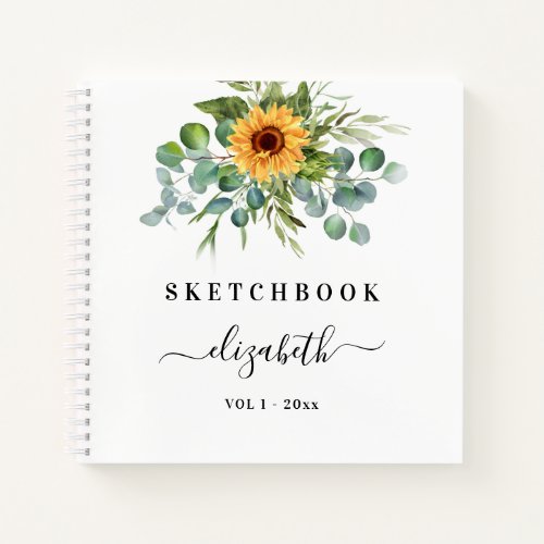 Sketchbook sunflowers eucalyptus greenery script notebook