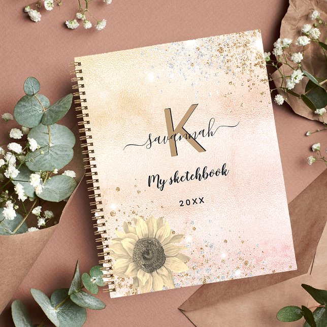 Sketchbook sunflowers rose gold glitter monogram notebook (Creator Uploaded)
