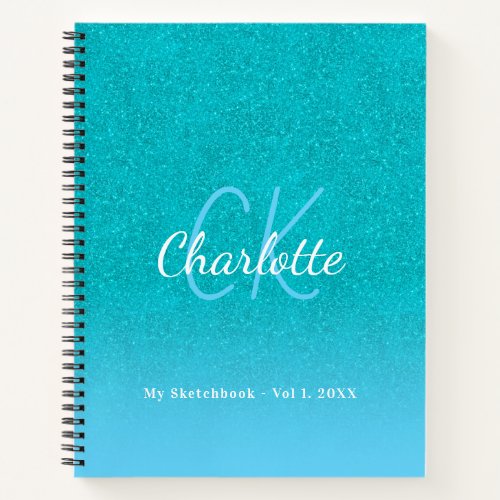 Sketchbook teal blue glitter aqua green monogram notebook