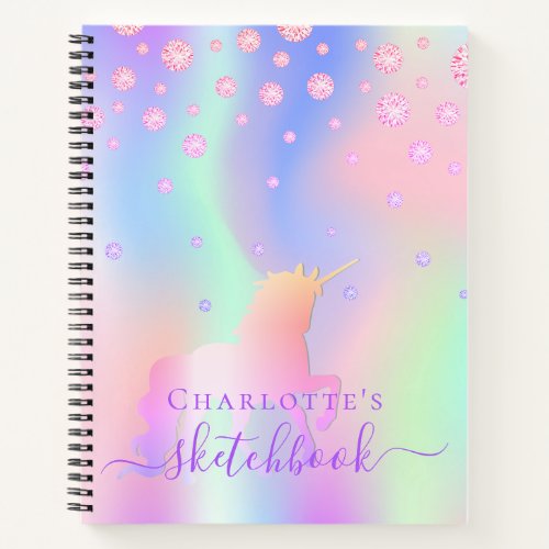 Sketchbook unicorn diamonds pink iridescent name notebook
