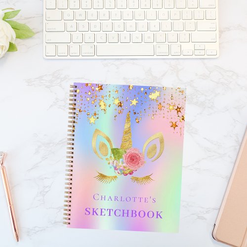 Sketchbook unicorn face pink gold star holographic notebook