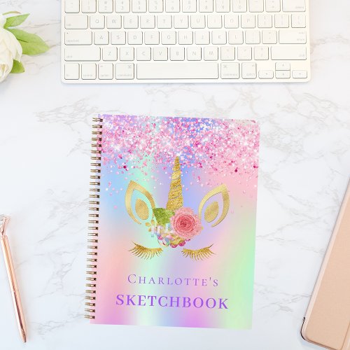 Sketchbook unicorn face pink purple holographic notebook