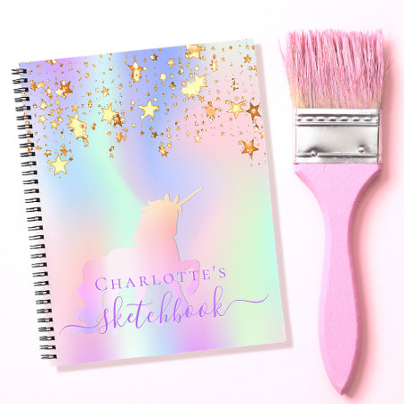 Sketchbook Unicorn Pink Gold Stars Iridescent Name Notebook