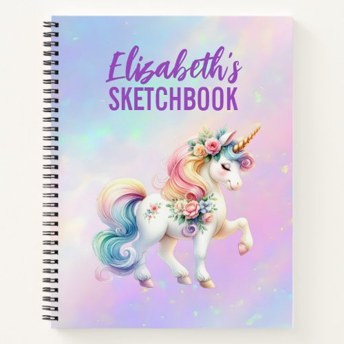 Sketchbook Unicorn Pink Purple Iridescent name Notebook