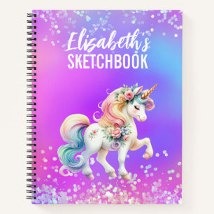 Sketchbook Unicorn Pink Purple Iridescent name Notebook