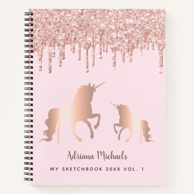 Sketchbook unicorn rose gold glitter drips name notebook (Front)