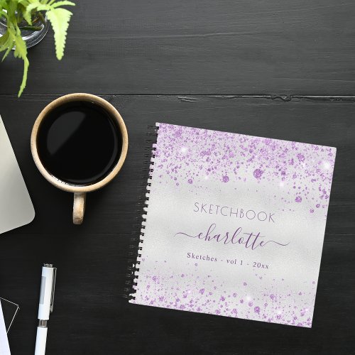 Sketchbook violet silver glitter name script notebook