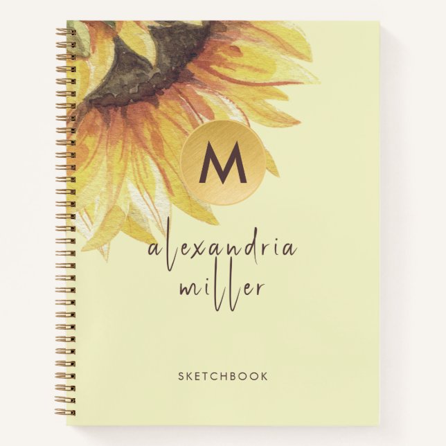 Sketchbook Watercolor Sunflower Monogram Notebook (Front)
