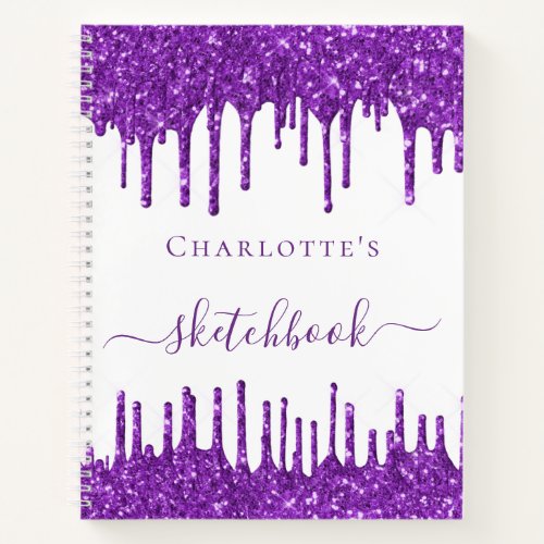 Sketchbook white purple glitter drips name script notebook