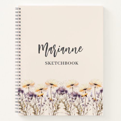Sketchbook wildflowers beige yellow name script notebook