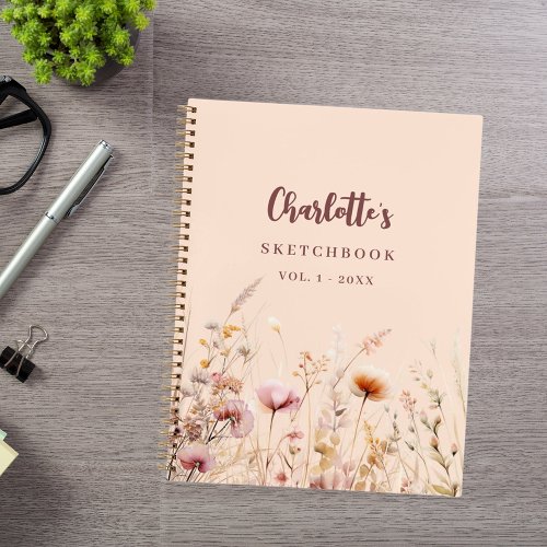 Sketchbook wildflowers pink peach name script notebook