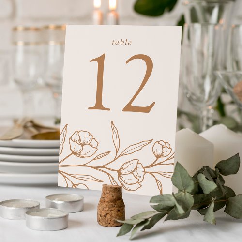 Sketched Almond and Copper Floral Wedding Table Number