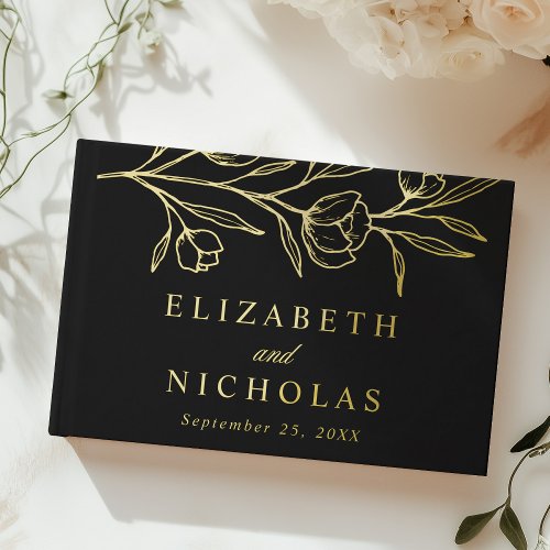 Sketched Black and Gold Foil Floral Photo Wedding Foil Guest Book