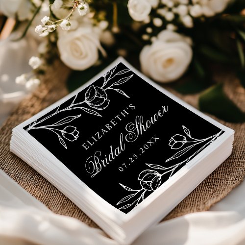 Sketched Black and White Floral Bridal Shower Napkins