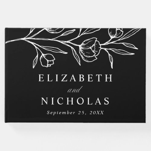 Sketched Black and White Floral Photo Wedding Guest Book