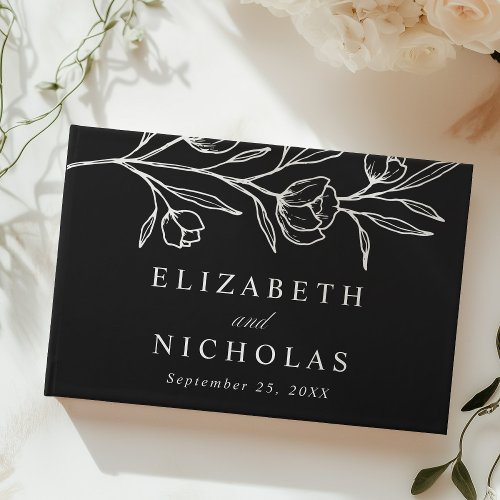 Sketched Black and White Floral Photo Wedding Guest Book