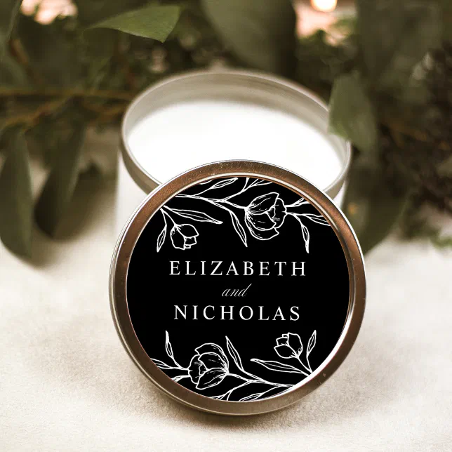 Sketched Black and White Floral Wedding Classic Round Sticker | Zazzle