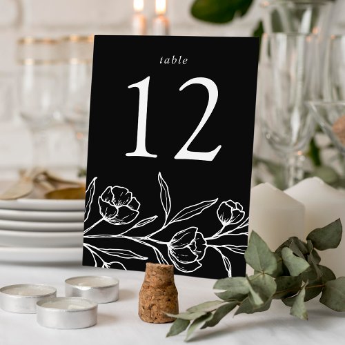 Sketched Black and White Floral Wedding Table Number