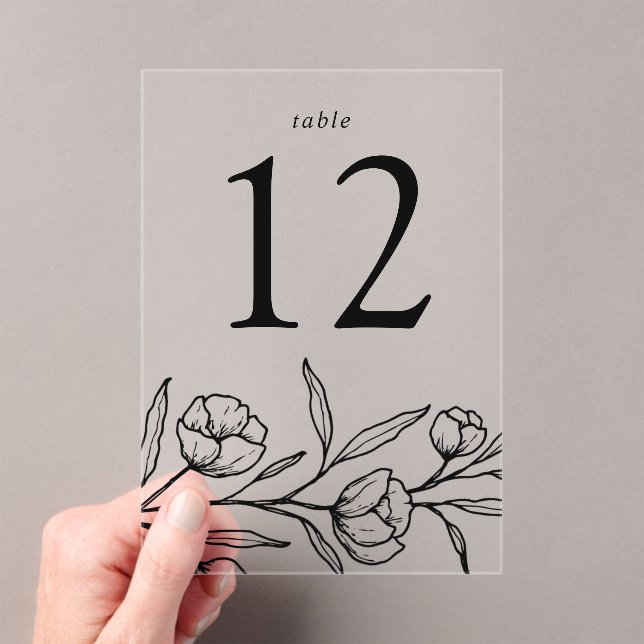 Sketched Black Floral Acrylic Wedding Table Number (Insitu (Handheld))