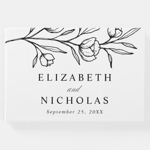 Sketched Black Floral Photo Wedding Guest Book