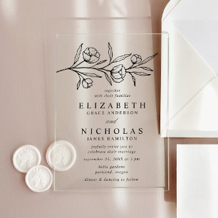 Sketched Black Floral Wedding Acrylic Invitations