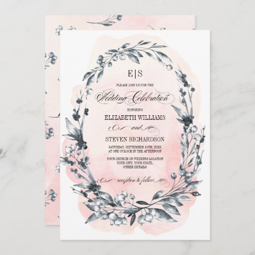 Sketched Botanical Blush Pink Watercolor Wedding Invitation