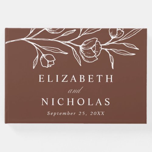 Sketched Brown Floral Photo Wedding Guest Book