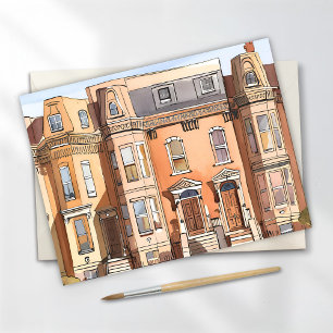 Sketched Brownstones Boston Street Painting Postcard