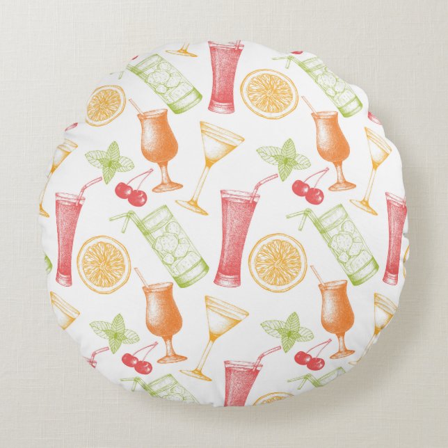 Sketched Cocktail Pattern Round Pillow (Front)
