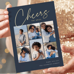 Sketched Cursive 6 Photo Collage New Year Foil Holiday Card