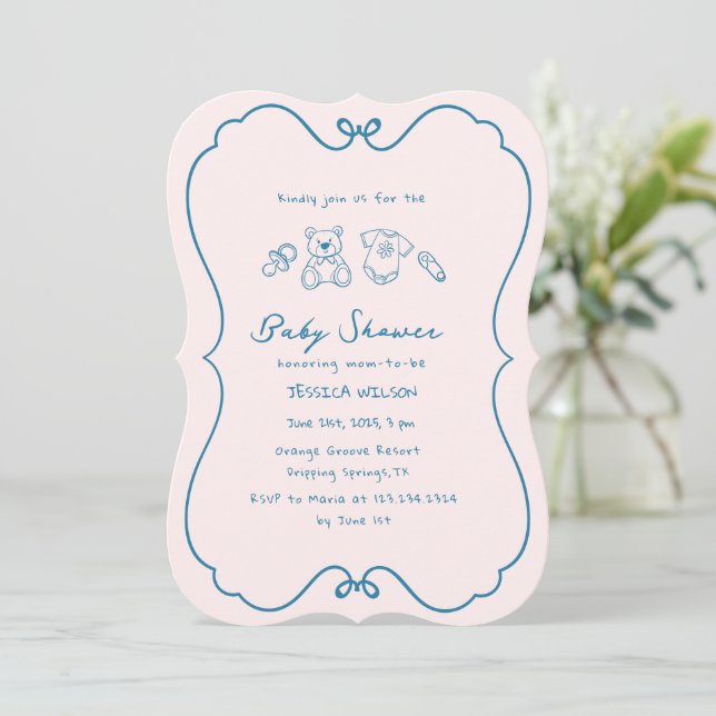 Sketched Cute Wavy Bow Frame Baby Shower Invitation (Standing Front)