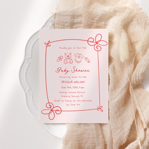 Sketched Cute Wavy Bow Frame Baby Shower Invitation