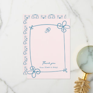 Sketched Cute Wavy Bow Frame Baby Shower Thank You Card
