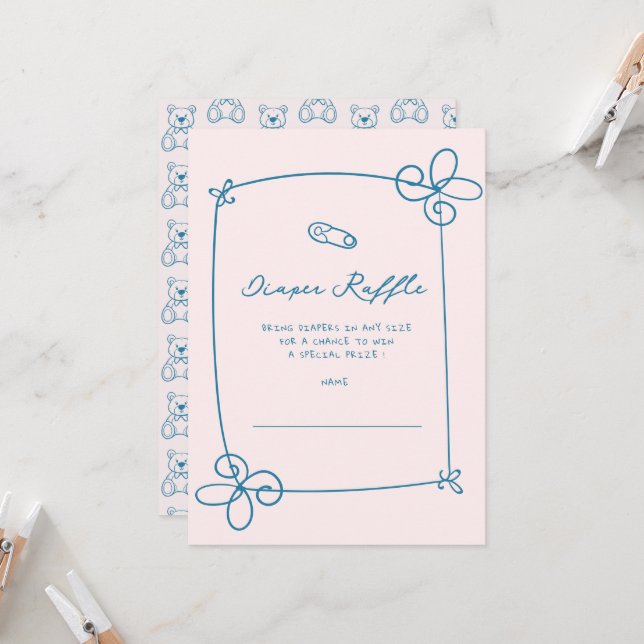 Sketched Cute Wavy Bow Frame Baby Shower Ticket Invitation (Front/Back In Situ)