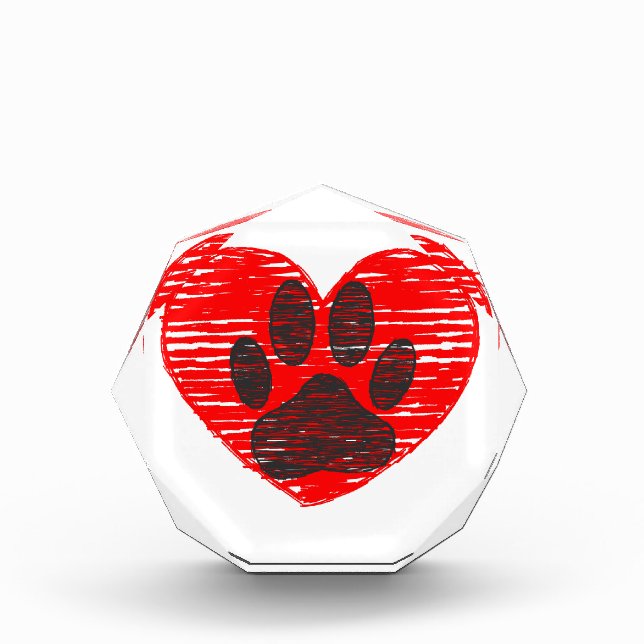 Sketched Dog Paw In Red Heart Acrylic Award (Front)