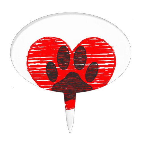 Sketched Dog Paw In Red Heart Cake Topper