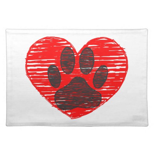 Sketched Dog Paw In Red Heart Cloth Placemat