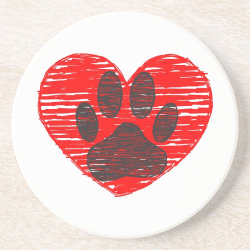 Sketched Dog Paw In Red Heart Coaster