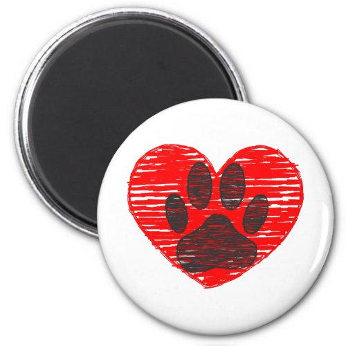 Sketched Dog Paw In Red Heart Magnet