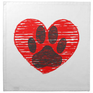 Sketched Dog Paw In Red Heart Napkin