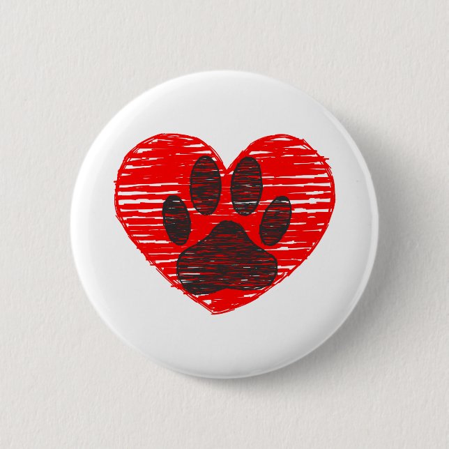 Sketched Dog Paw In Red Heart Pinback Button (Front)