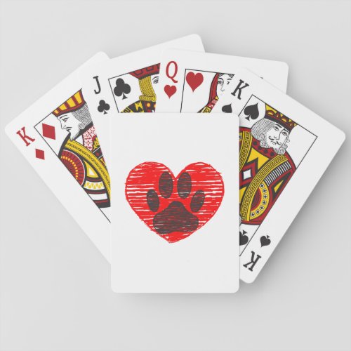 Sketched Dog Paw In Red Heart Poker Cards