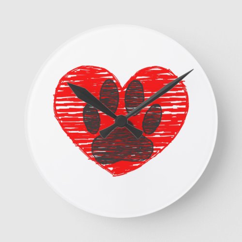 Sketched Dog Paw In Red Heart Round Clock