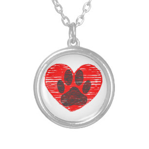 Sketched Dog Paw In Red Heart Silver Plated Necklace