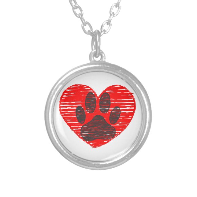 Sketched Dog Paw In Red Heart Silver Plated Necklace (Front)