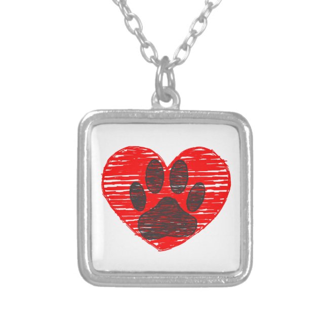 Sketched Dog Paw In Red Heart Silver Plated Necklace (Front)