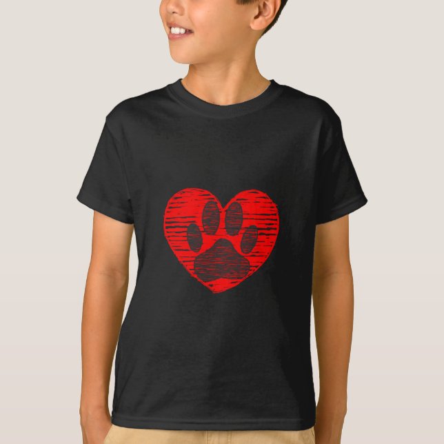 Sketched Dog Paw In Red Heart T-Shirt (Front)