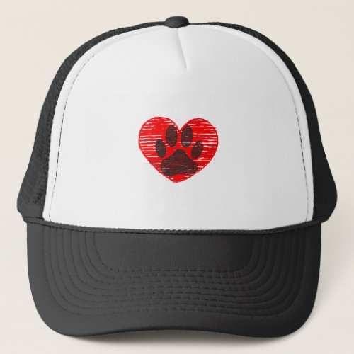 Sketched Dog Paw In Red Heart Trucker Hat